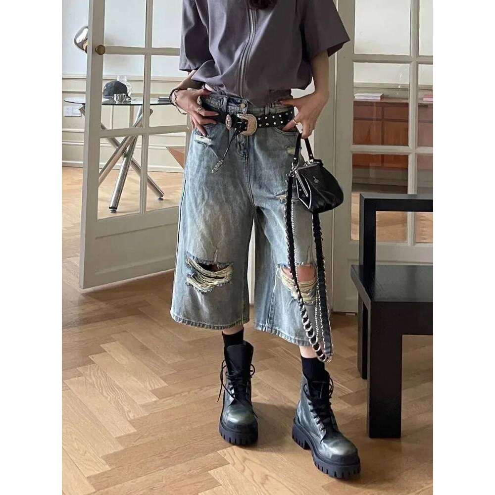 Wear HOUZHOU Vintage Blue Ripped Short Jeans Women Oversized Distressed Jorts Y2k Grunge Baggy Boyfriend Denim Shorts Wide Streetwear