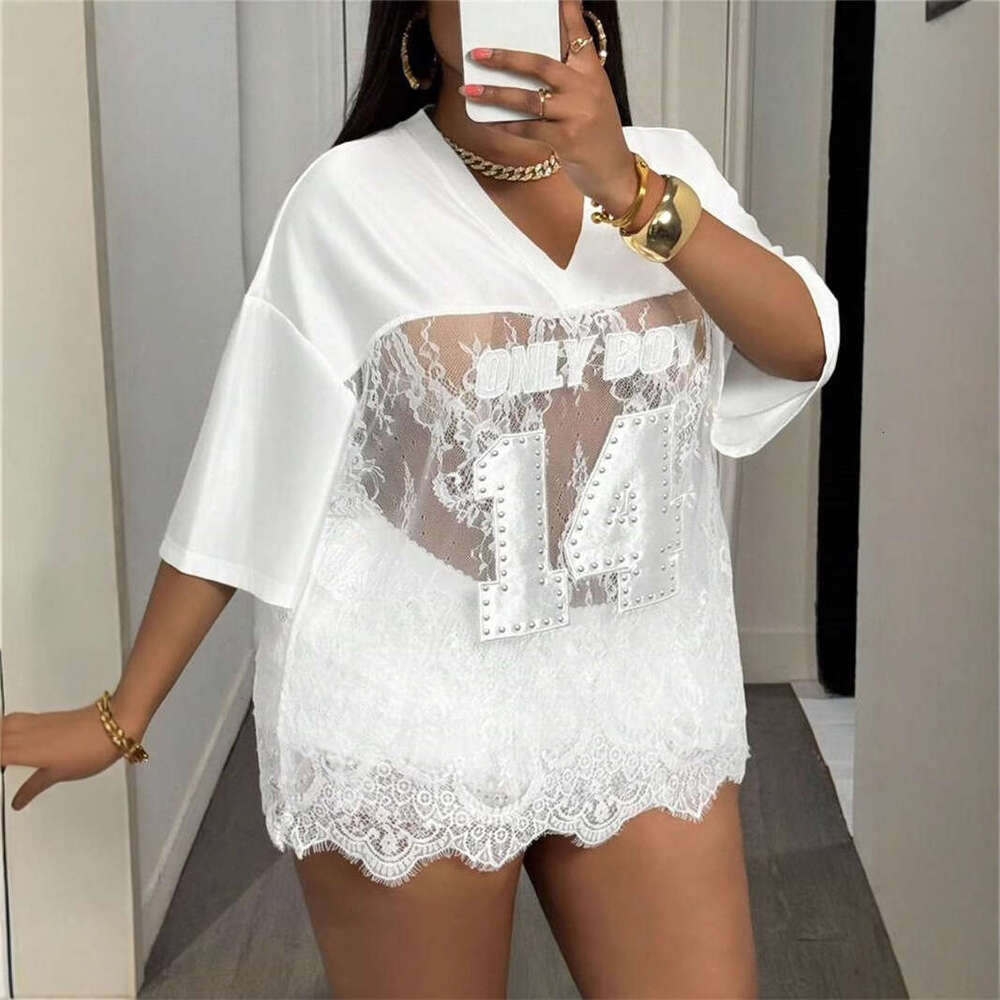 Summer New Women's Printed Loose Casual Street Style Sheer Sexy Lace Patchwork Top B5