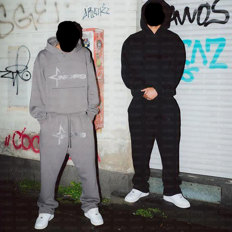 NOFS Letter Embroidery Fashion Loose Oversized Hoodie Y2K Hip-Hop Streetwear Women Pullovers Casual Top Pants Sportswear 250617