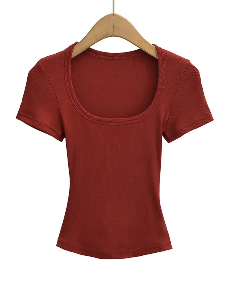 Summer square neck high elasticity crop top womens short sleeved sexy top slim fit pullover base shirt 250618