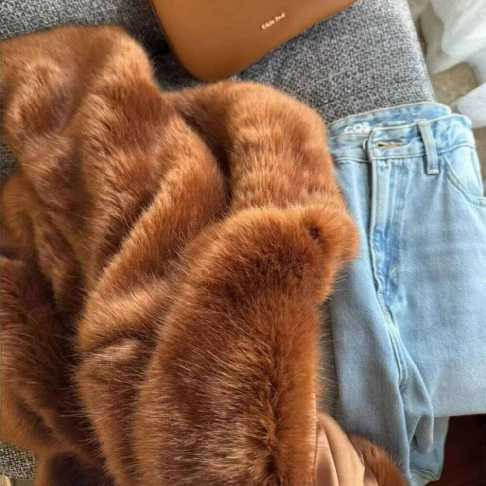Winter Brownorange Turn down Collar Lapel Hairy Shaggy Faux Fur Coat Women Covered Buttons Full Sleeve Furry Short Outerwear