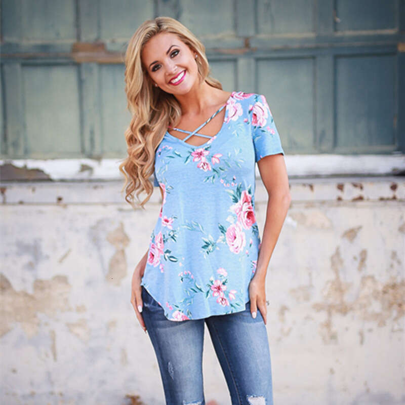 Summer Women's Fashion New V-Neck Top Cross Collar Short Sleeve T-Shirt For Women B5