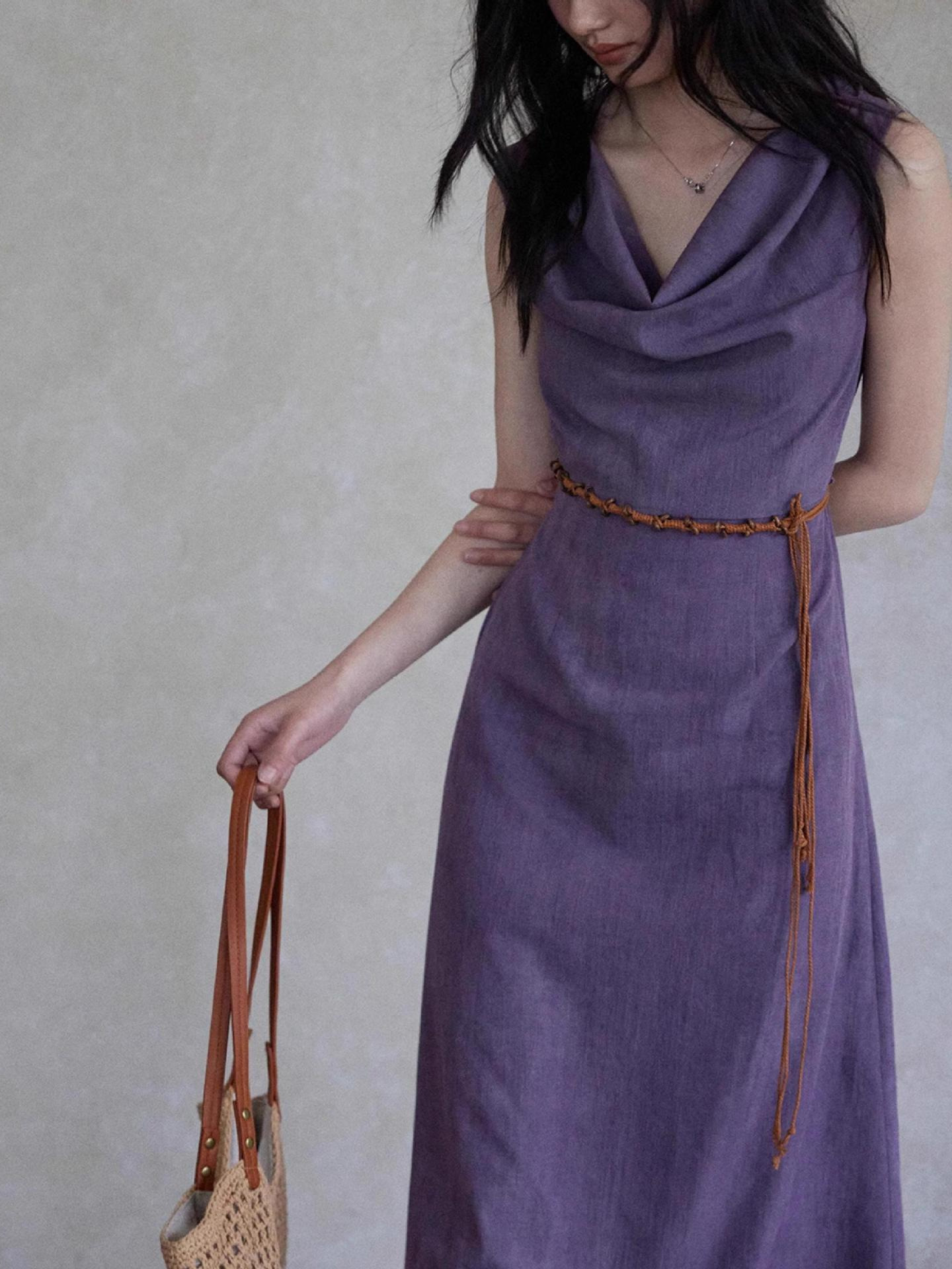 MM260 Women's Temperament Purple Design Waist Long Skirt
