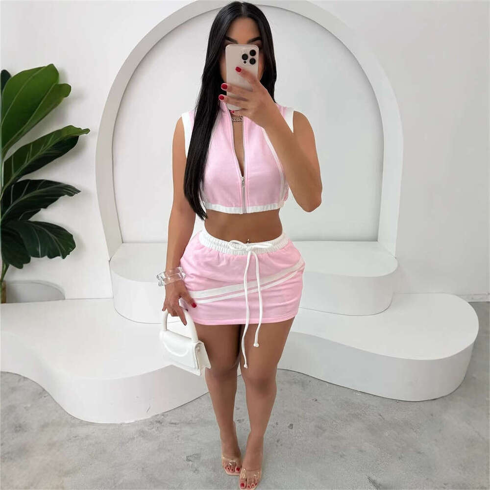 New Fashion Slim Fit Street Zipper Sleeveless Crop Top With Tie Waist Short Skirt Set B5