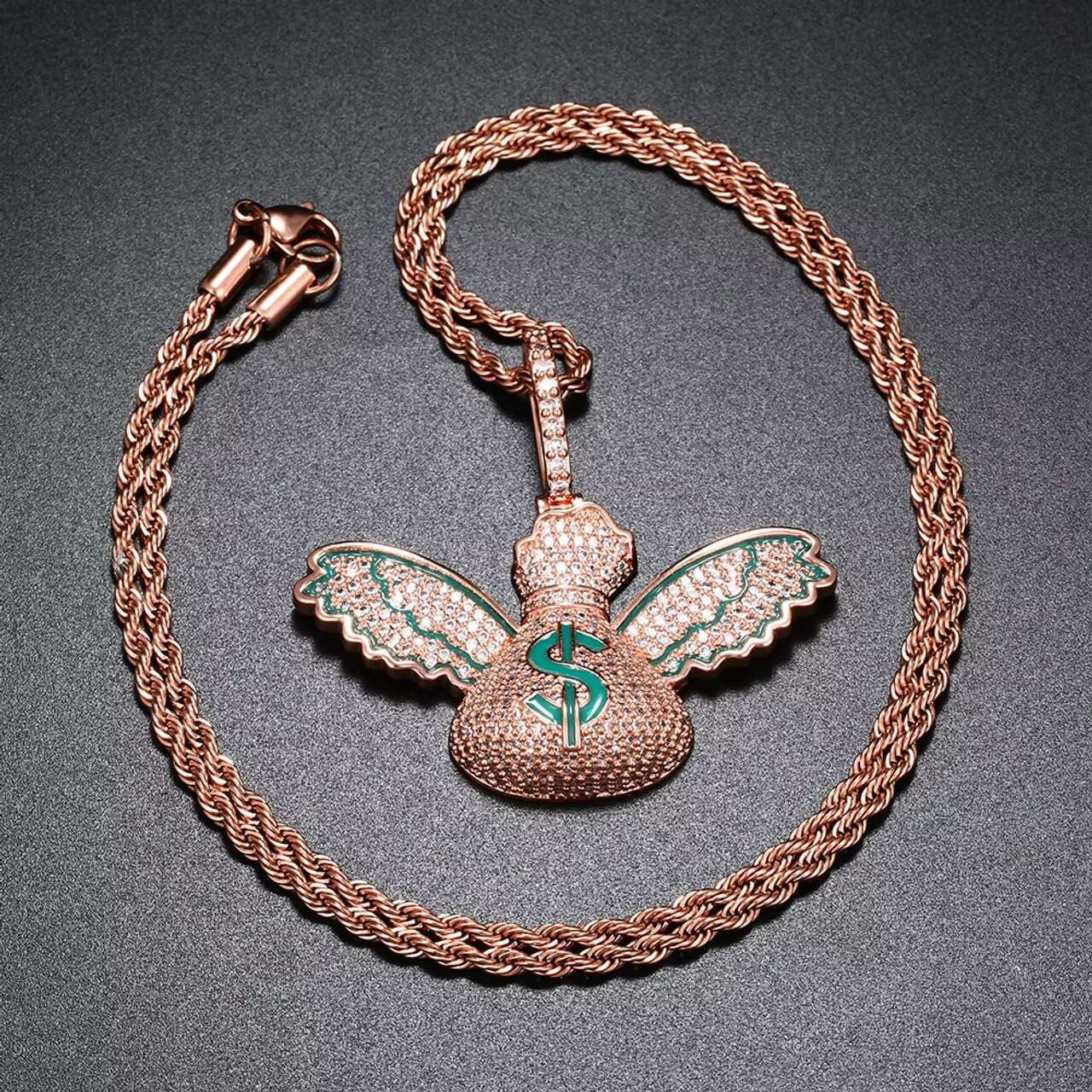 18K Gold 925 Silver Iced Dollar Sign Pendant with Money Bag Wings Hip Hop Style Moissanite Jewelry for Men and Womens Charm