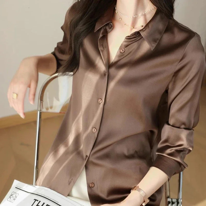Satin Womens Shirt Blouses for Women Fashion Korean Style Tops Office White OL Loose Elegant Clothing 250617