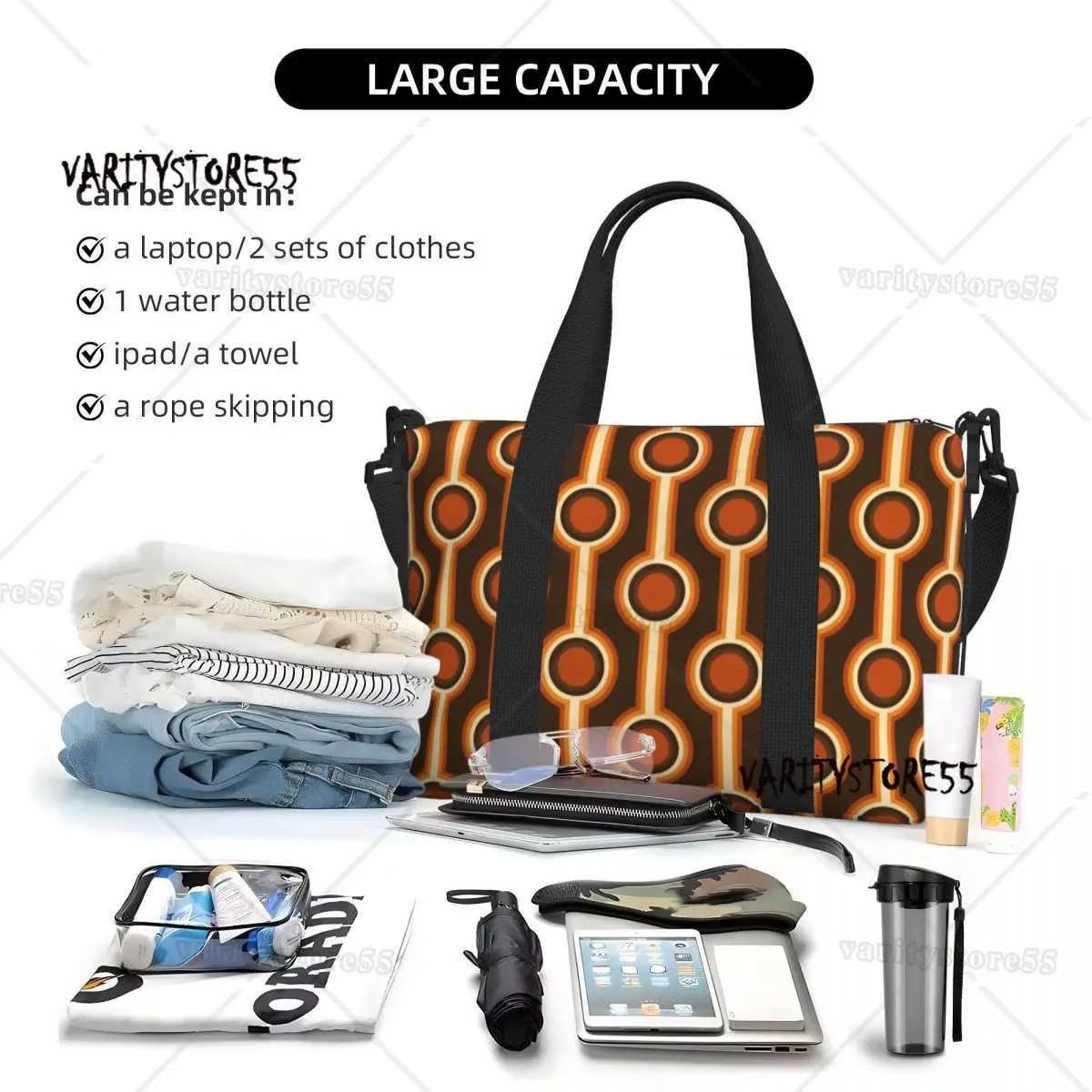 Custom 70s Retro Connected Balls In Orange And Brown Tones Beach Tote Bag for Women Mid Century Large Compartment Gym Beach Bags W250618