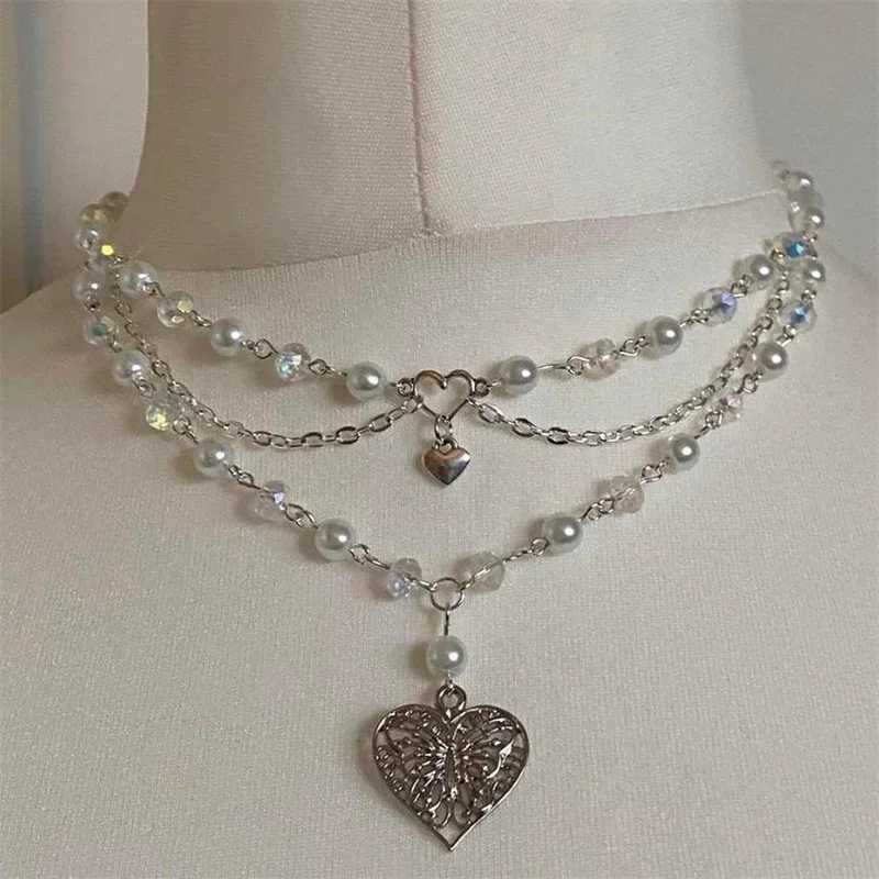 Pearls Butterfly Heart Fairycore Choker Necklace Y2K Pixie Fairycore Cottagecore Rosary Necklace W250618