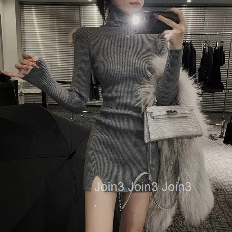 Grey Crochet Clothing Turtleneck Brown Womens Dresses Knit Short Extreme Mini Split Female Dress Designer Beach Sale One-piece