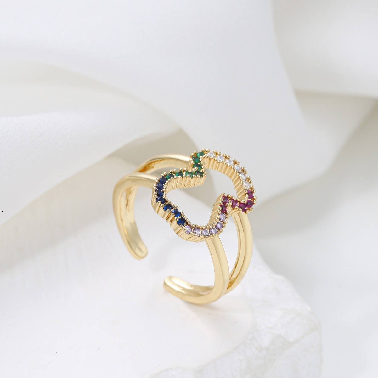 Hollow Out for Women Inlaid with Zircon and Colorful Diamonds Pastoral Style Internet Celebrity Light Luxury Fashion Ring Jewelry