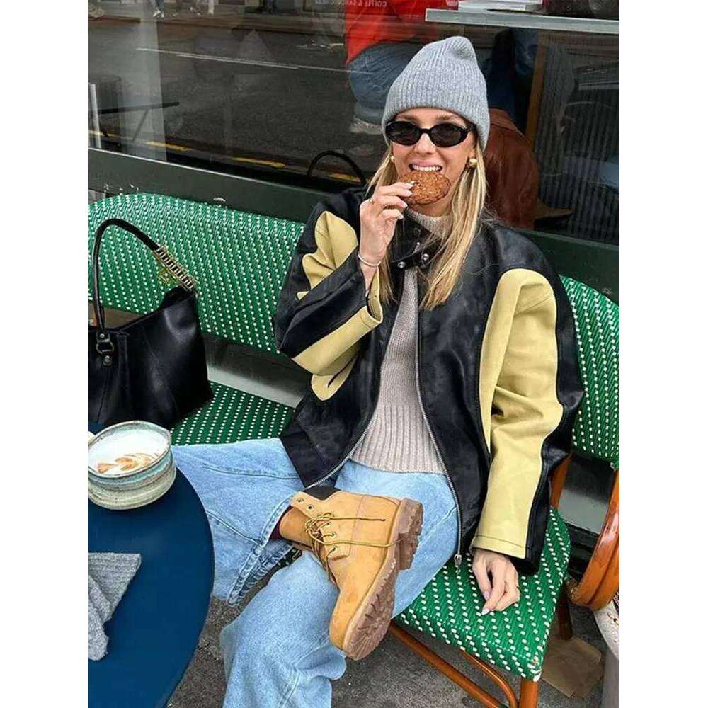 Vintage PU Leather Motorcycle Loose Short Coat Women Color Patchwork Biker Jackets Street Trend Blouse Bomber Jacket