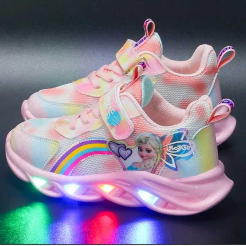 Girls Casual Shoes Led Lights Mesh Breathable CHIldrens Sports Princess Elsa Pink Purple Shoes Sneakers Size 22-35 Z250618