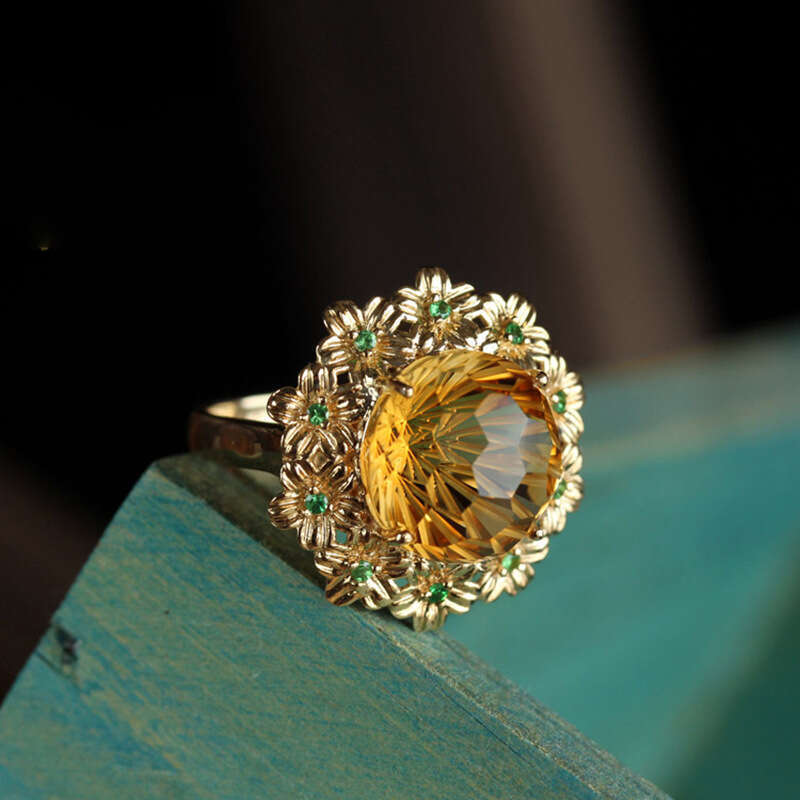 Fireworks Craft Cutting High Imitation Yellow Crystal Ice Wealth Gold Light Luxury Versatile Flower Open Ring