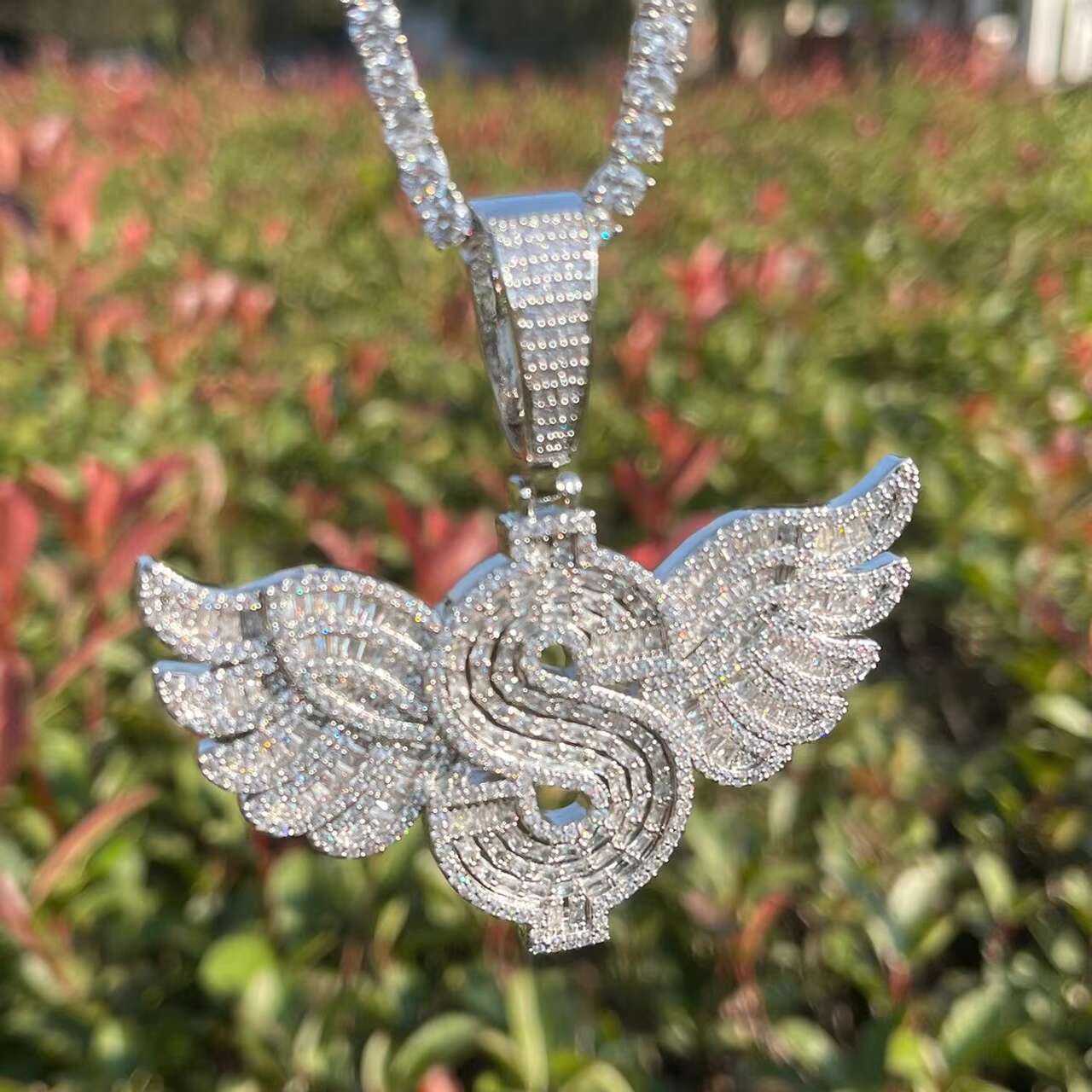 Luxury 925 Silver Wing Dollar Sign Baguette Blinged Pendant Hip Hop Style Moissanite Pendants Charms Chain Necklace Design
