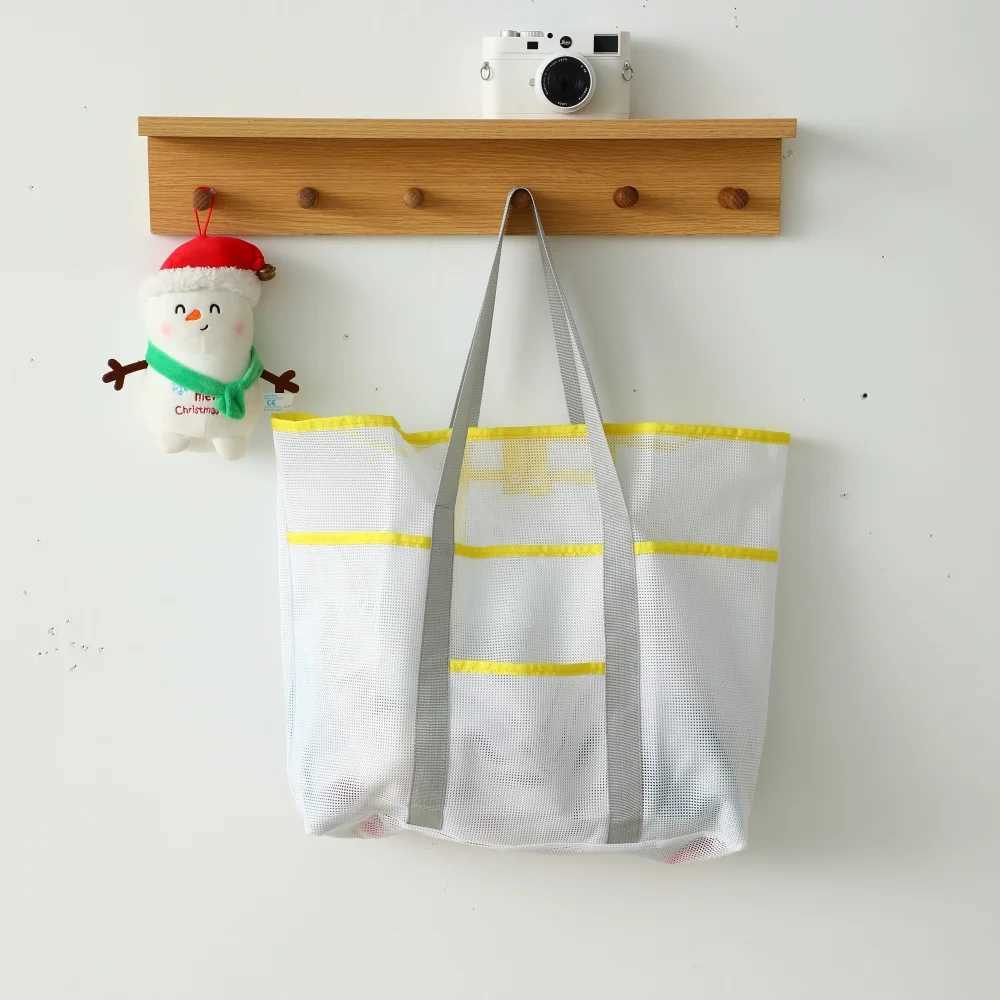 Breathable White Mesh Beach Bag Summer Large Capacity Lightweight Tote Wide Opening Padded Shoulder Strap Durable Sand-Resistant B250618