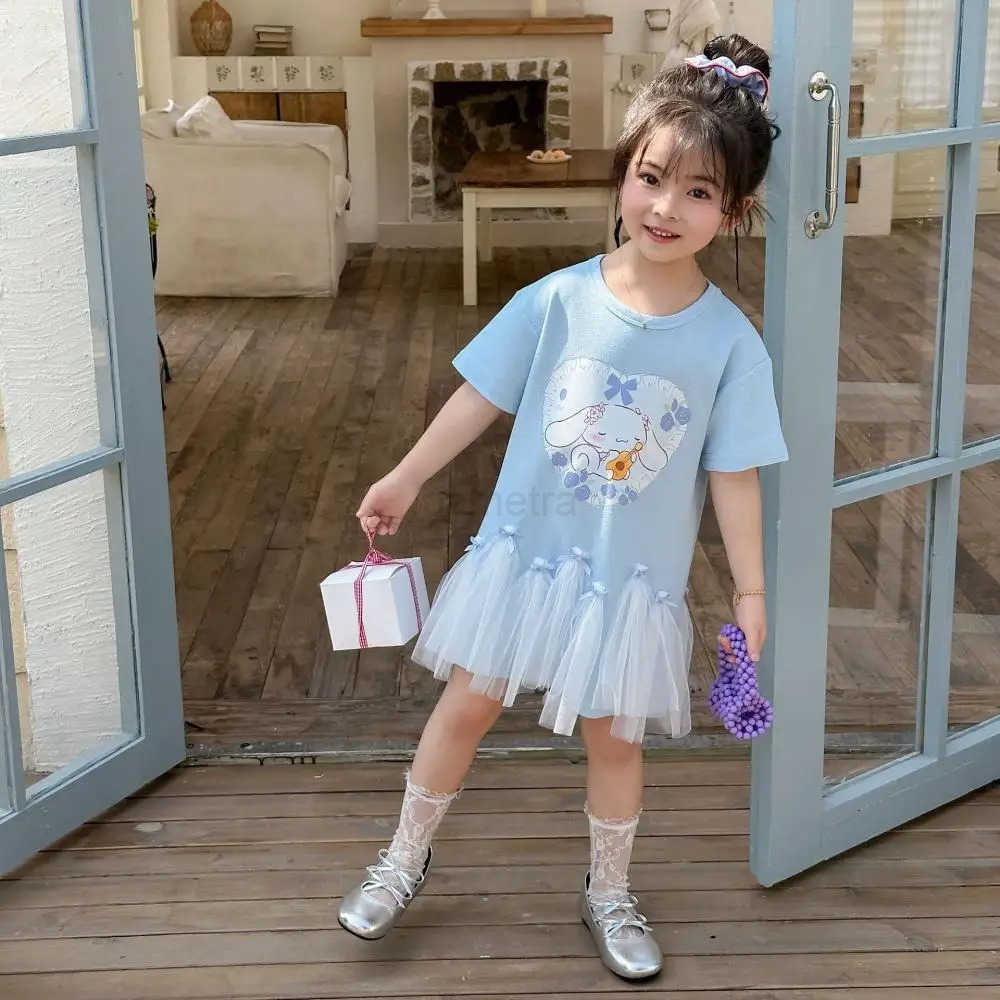 Sanrio Sanrio My Melody Girl Kuromi Short Sleeve T-Shirt Dress Cinnamoroll Summer Cute Cartoon Hot Mesh Princess Skirt Childrens Skirt XJ250618
