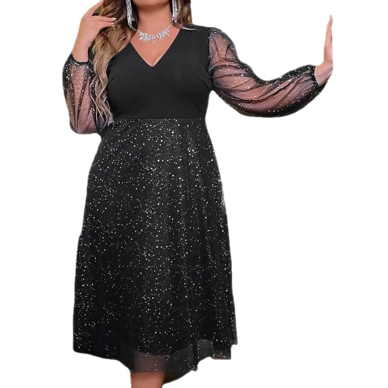 H617Spring and summer new intellectual women's clothing large size dress V-neck temperament slim polka dot high-end dress for women
