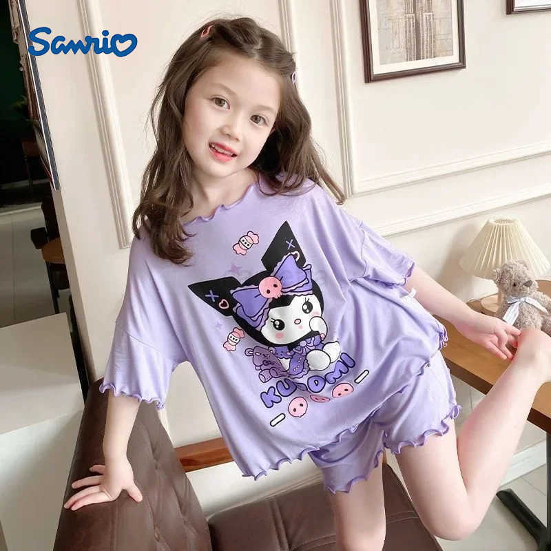 Sanrio Childrens Pajamas Girls Summer Thin Short Sleeved Cartoon Kuromi Small Medium and Tong Little Girls Baby Home Clothing Set XJ250618XJ250618