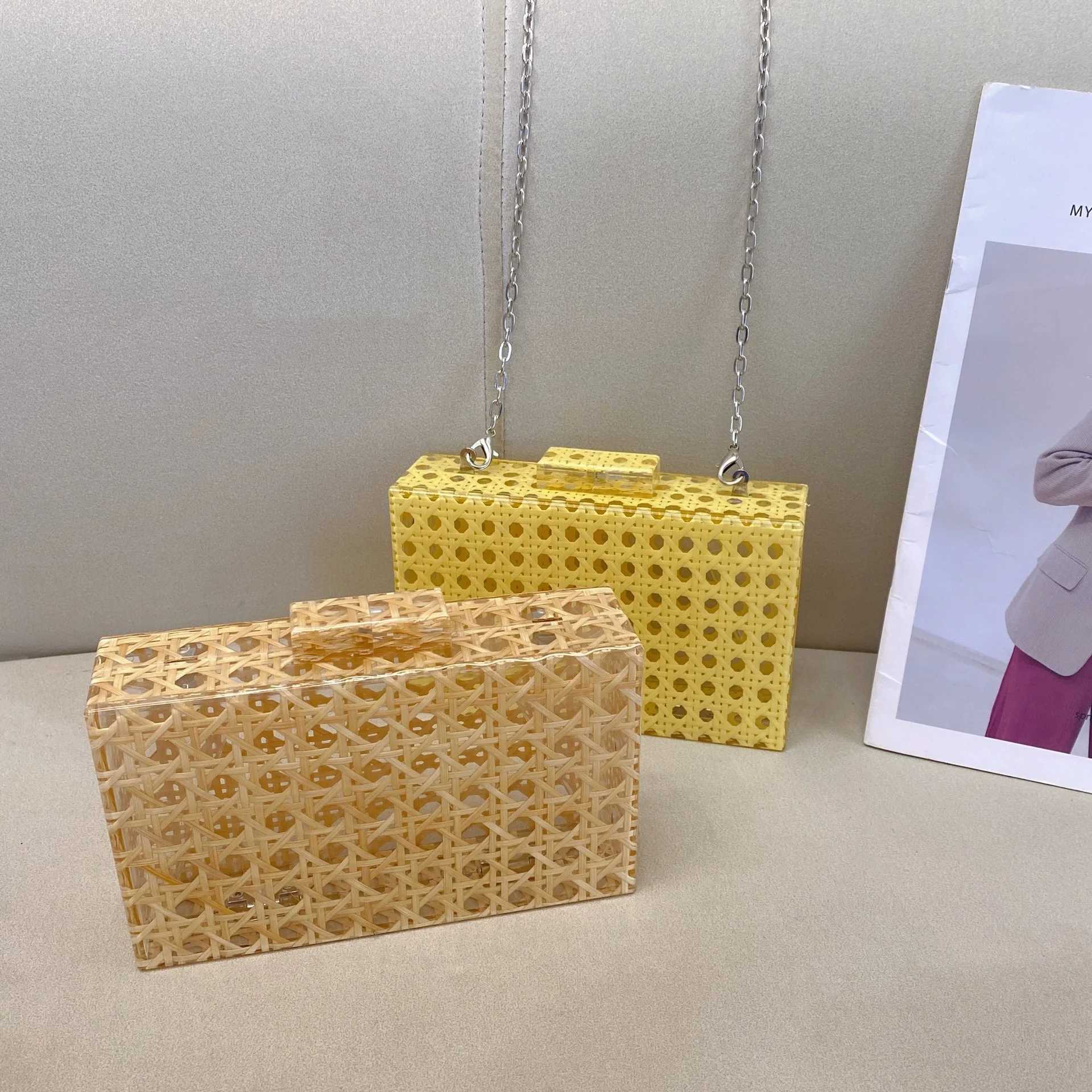 Women Rattan Acrylic Box Cane Bag Evening Clutch Wedding Party Purses Summer Wicker Handbags Designer High Quality Womens Bag Z250618