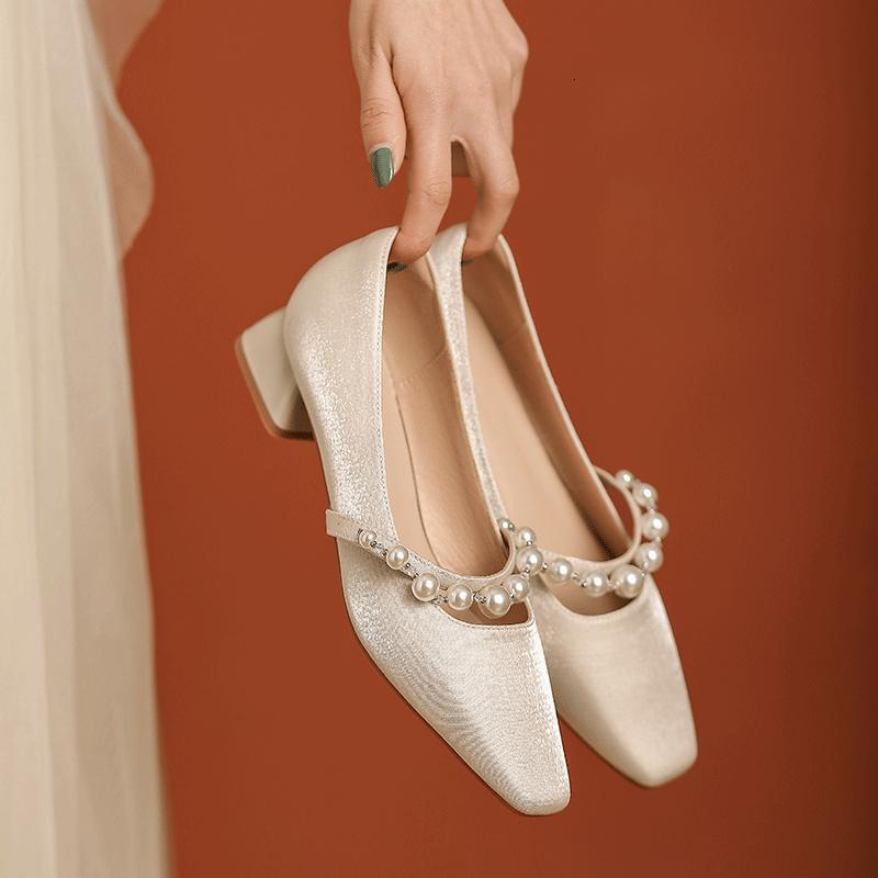 French Style Satin Low Wedding Pearl Strap Mary Jane Single Chunky Heel Square Toe Women's Bridesmaid Bride Shoes ddmythur