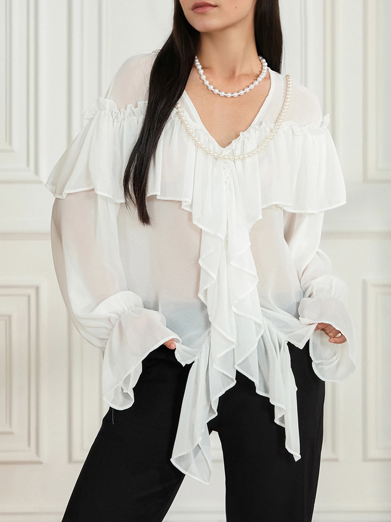 Elegant Womens VNeck Chiffon Blouse with Ruffles Long Sleeve Solid Color Loose Casual Top for Spring Streetwear Fashion 250617