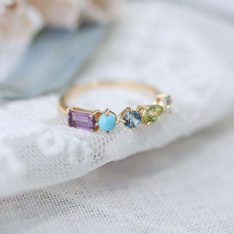Natural Olivine Turquoise Blue Topaz Amethyst Geometric Ring Adjustable Gold Plated
