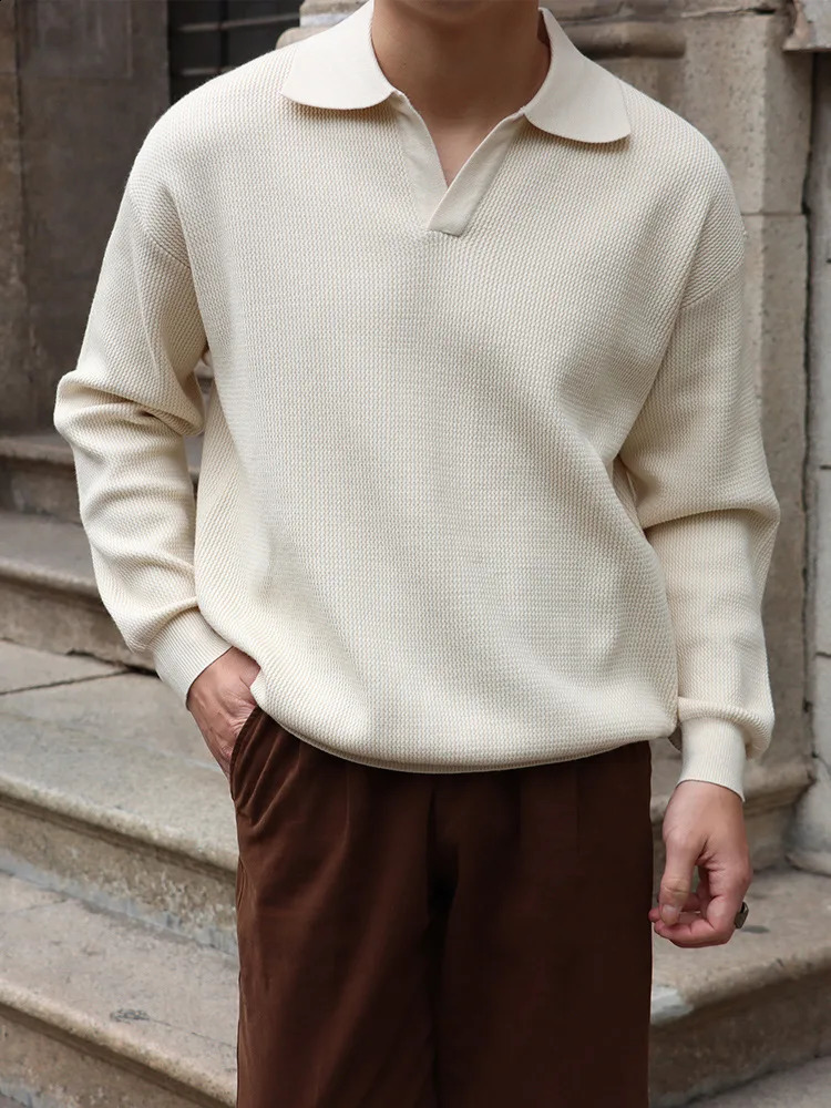Fashion Solid Color Men Polo Kint Shirt Autumn Long Sleeve Turn-down V-neck Sweater Casual Jumper Tops Mens Knitwear Clothe 250617