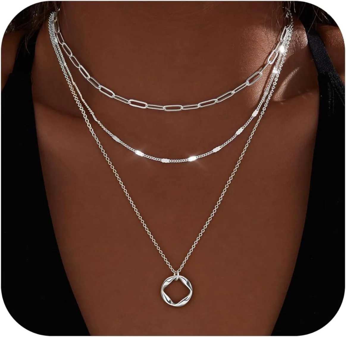 Layered Gold Necklaces for Women Stackable 14K Gold Silver Plated Circle Paperclip Chain Pendant Choker Necklace Set For Woman W250618