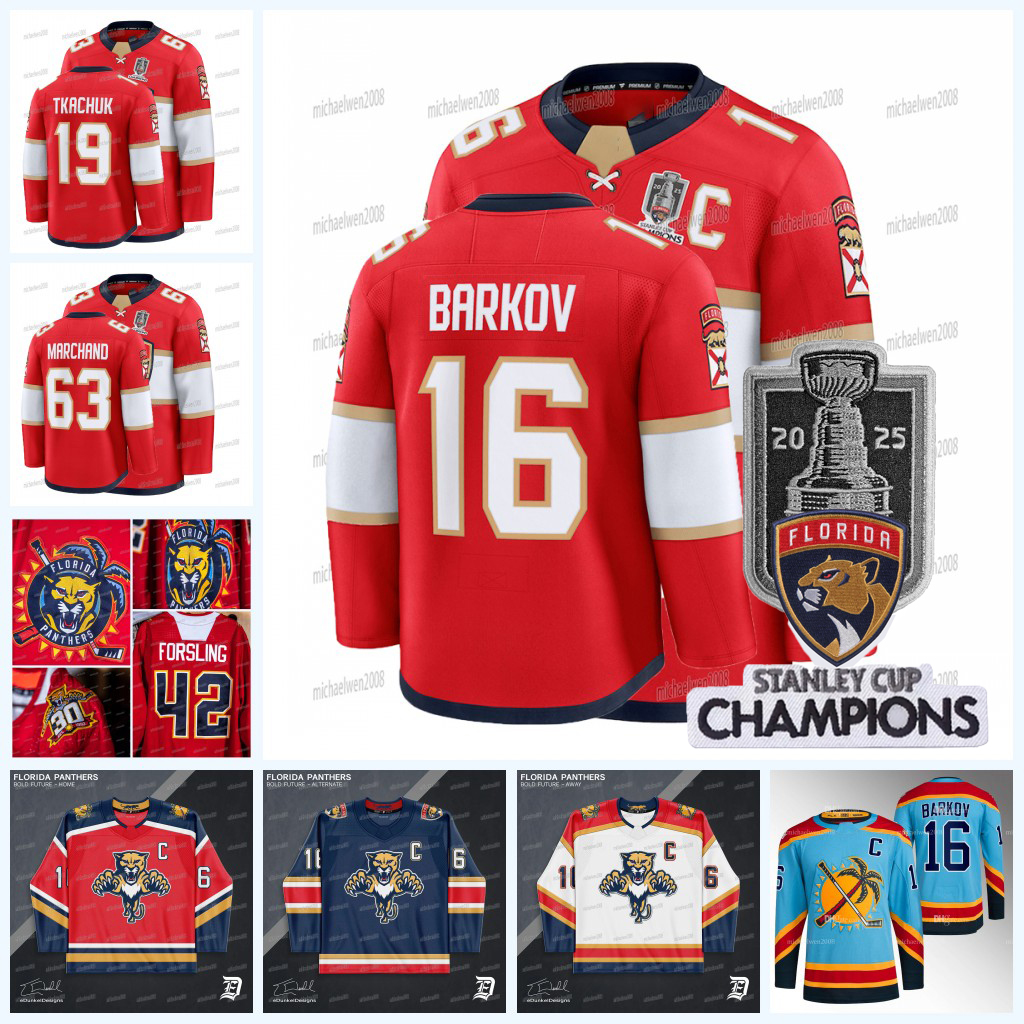 Floridas Panthers 2025 Stanley Cup Champion Jersey Aleksander Barkov Matthew Tkachuk Brad Marchand Sergei Bobrovsky Gustav Forsling Carter Verhaeghe Hornqvist