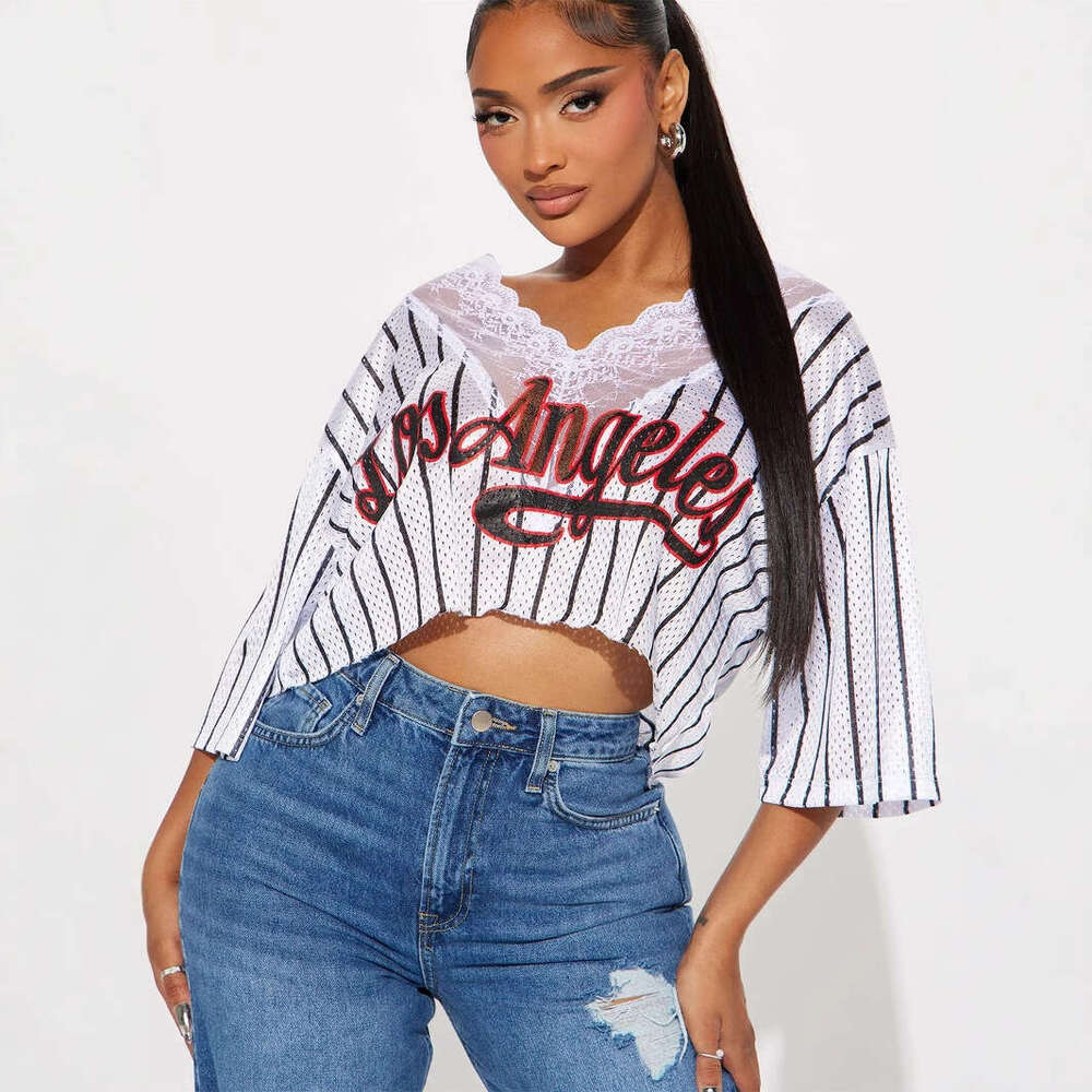 Autumn New V-Neck Patchwork Lace Loose Casual Striped Short Sleeve Top T-Shirt For Women B5