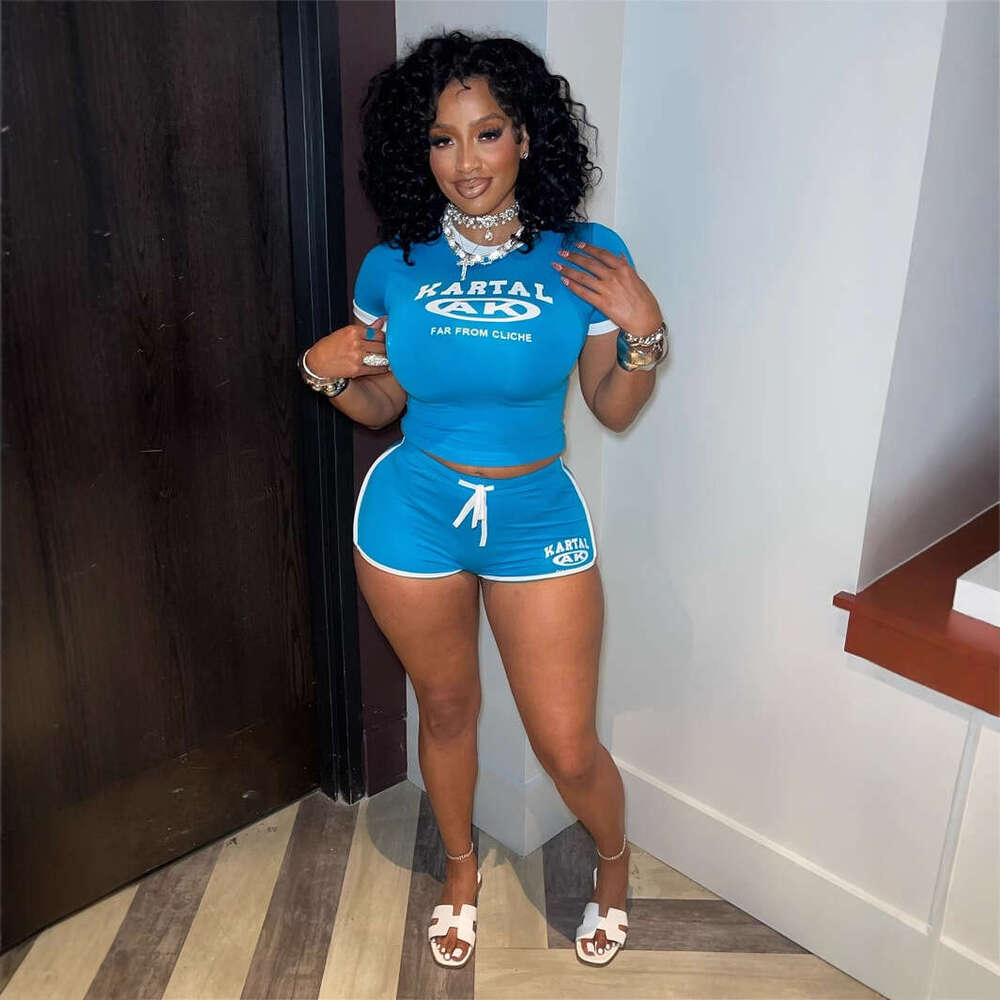 New Fashion Slim Fit Sexy Letter Print Elastic Sports Style Short Sleeve Tie Shorts Set For Women B5