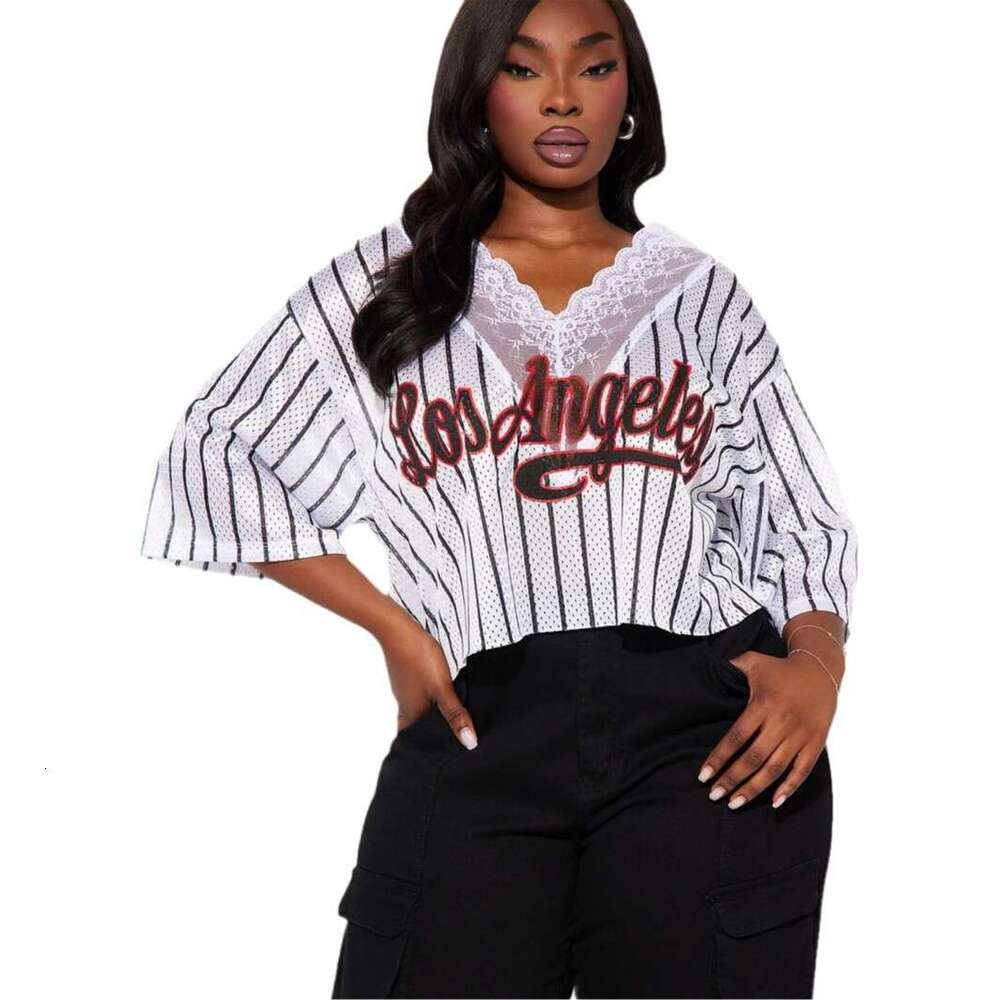 Autumn New V-Neck Patchwork Lace Loose Casual Striped Short Sleeve Top T-Shirt For Women B5