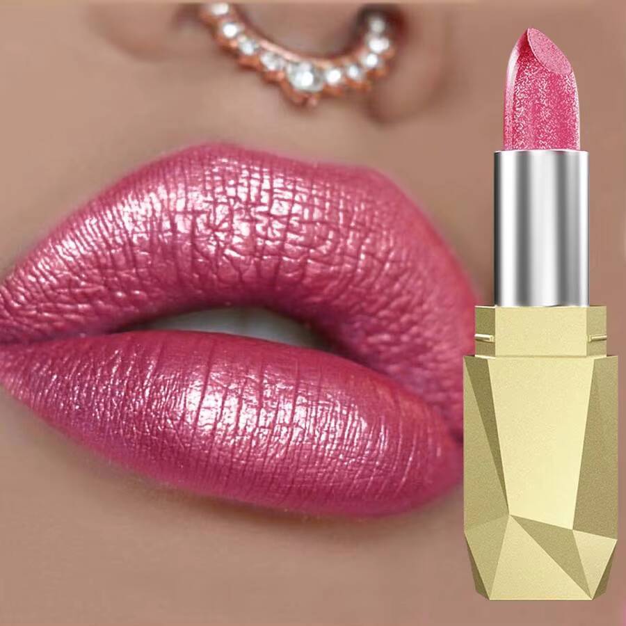 1PC Bold & Intense Glitter Shiny Metallic Lipstick Pearlescent Tint,Long Lasting Senior Matte Lip Makeup Gifts for Women happy