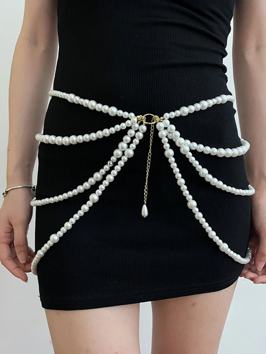 Multi-layer pearl waist chain Versatile retro sweet decorative fringed belt sweater dress accessories 250618