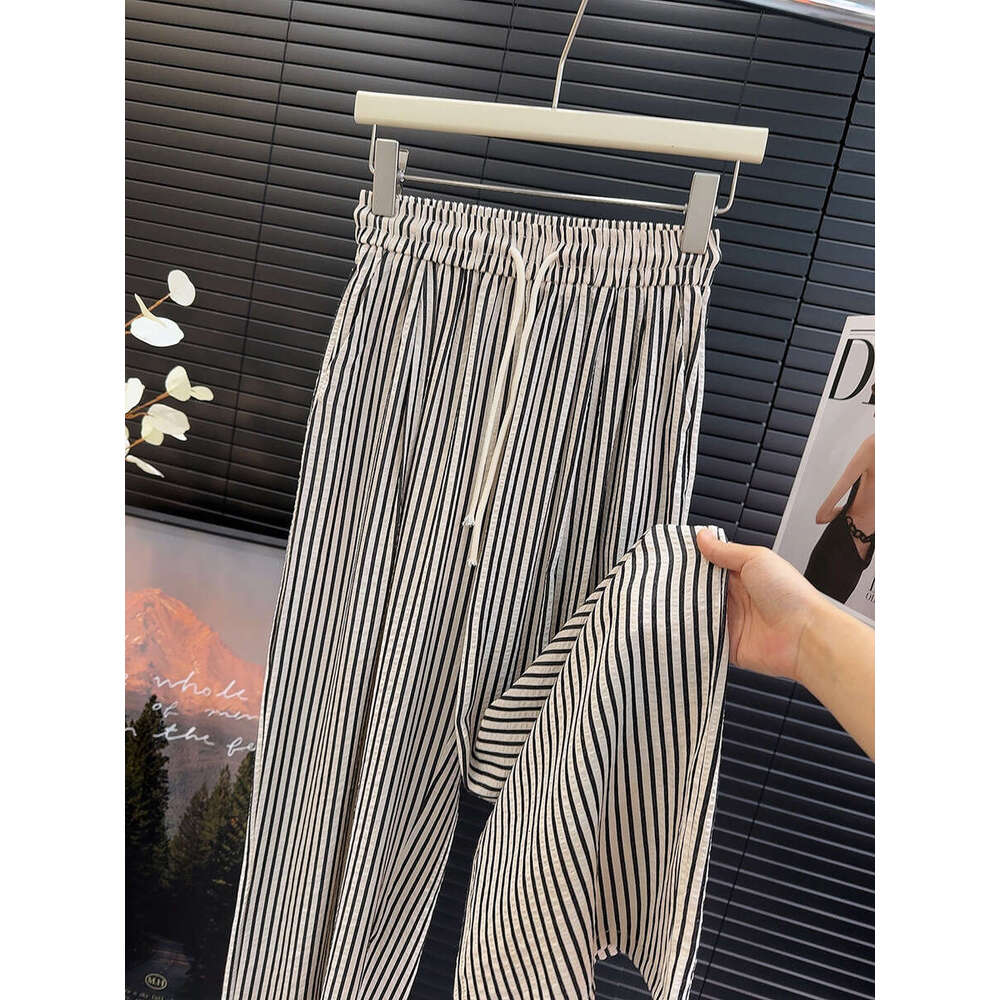 Korean Style Lazy Elastic Waist Striped Casual Summer New Slimming Versatile Thin Straight Long Pants For Women B5