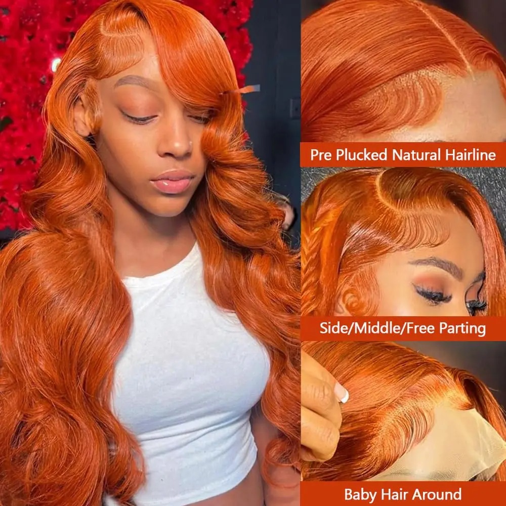 30 36 Inch Body Wave 13x6 Orange Ginger Lace Front Wigs Human Hair Pre Plucked 13x4 Human Hair Lace Frontal Wigs For Women Synthetic