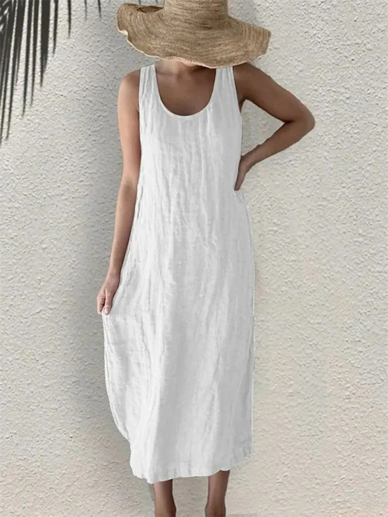 Women Comfortable Casual Cotton Linen Dresses Summer Solid Color Side Pockets Dress Female O Neck Pullover Sleeveless Gown 250618