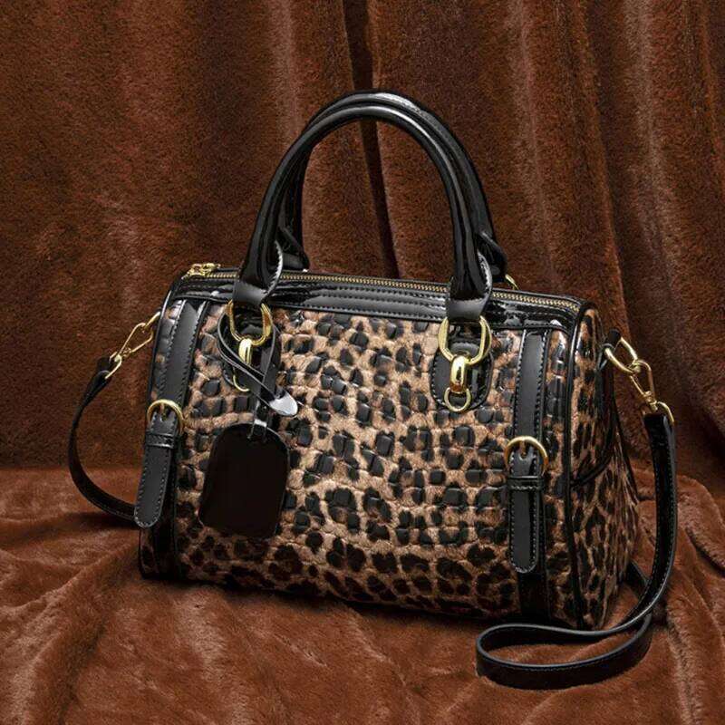 2025 New Crossbody Shoulder Leopard Print Women's Handbag Leather Large Capacity Boston Pillow Bag