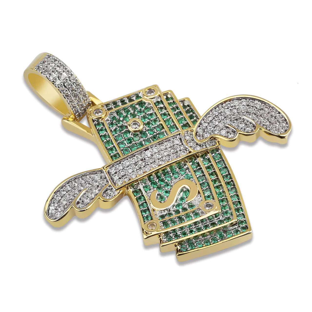 Mens 18K Gold Hip Hop Moissanite Diamond Money Dollar Pendant Necklace With Cuban Link Chains and Wings