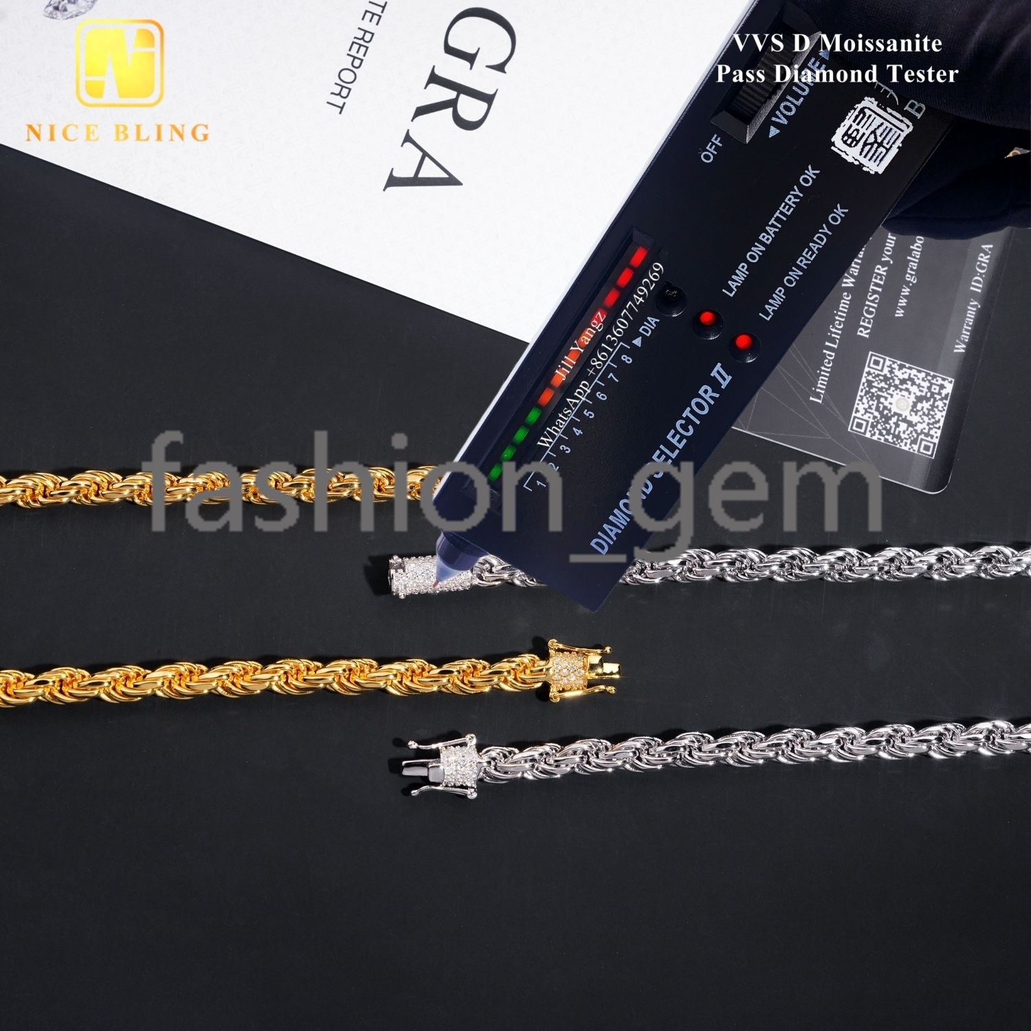 Real Gold Plated 6mm Pass Diamond Tester 925 silver 925 silver Moissanite Rope Chain Cadena Not Tarnish