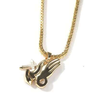 Mens Trendy 14K Gold Plated Moissanite Diamond Pendant Necklace Hip Hop Style with Praying Hands Design Fashion Jewelry