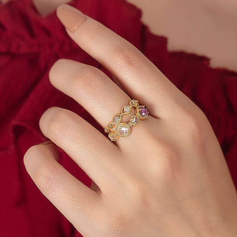 Thanos Style Energy Series Natural Topaz Moonstone Labradorite Amethyst Light Luxury Ring Simple