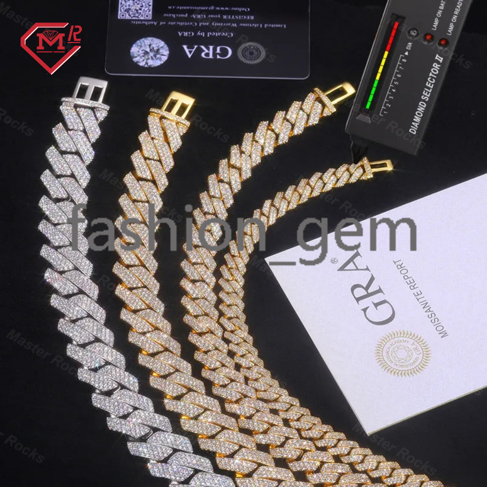 Gra Certificated Moissanite Cuban Chain 8mm 10mm 12mmm 14mm 2 Rows 925 Silver Hip Hop Moissanite Cuban Link Chain