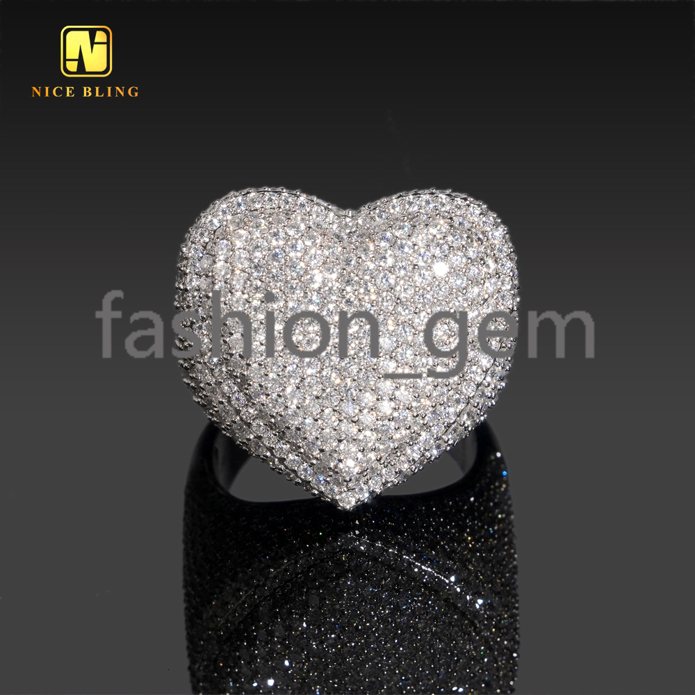Pass Diamond Tester Heart Shape Hip Hop Rapper VVS Moissanite Fine Jewelry Diamond Iced Out Jewelry 925 Silver Ring for Men