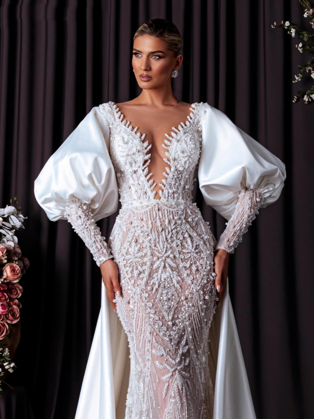 Gorgeous Mermaid Wedding Dress Sheer Neck Long Sleeves Bridal Gowns Pearls Appliques Detachable Train Dresses Custom Made vestidos de novia