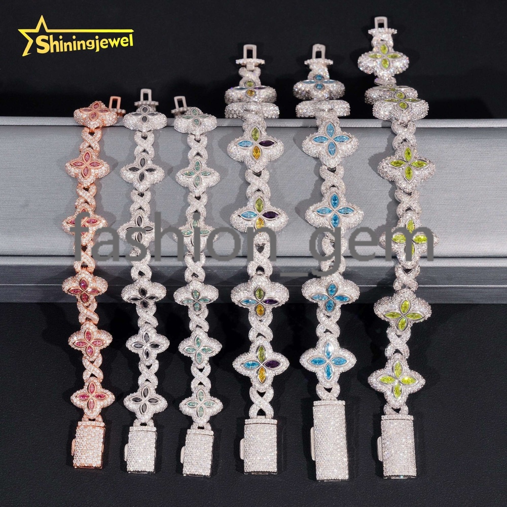 Hot Sale Fine Jewelry Hip Hop Color Diamond 925 Sterling Silver Iced Out Clover Moissanite Bracelet