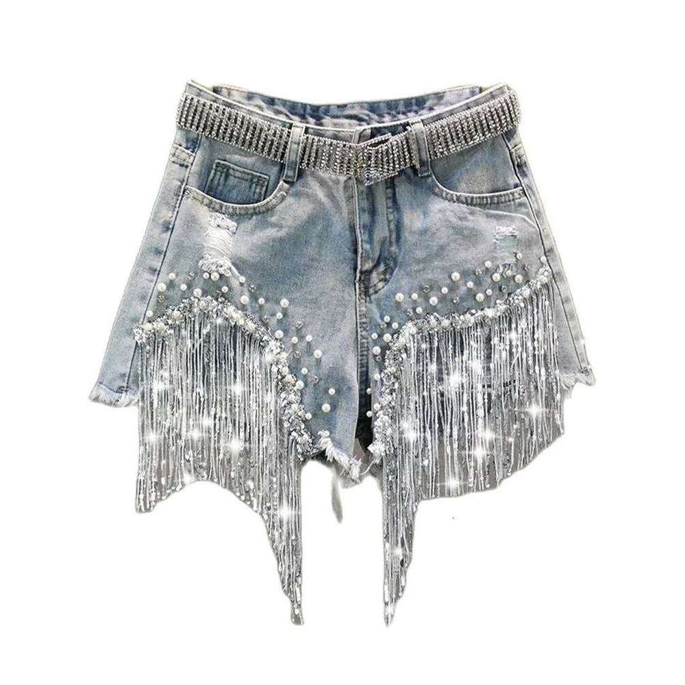 Wear Summer Elegant Lady Tassel Beading High Waist Wide Leg Denim Female Casual Solid Shorts Jeans For Women Clothing