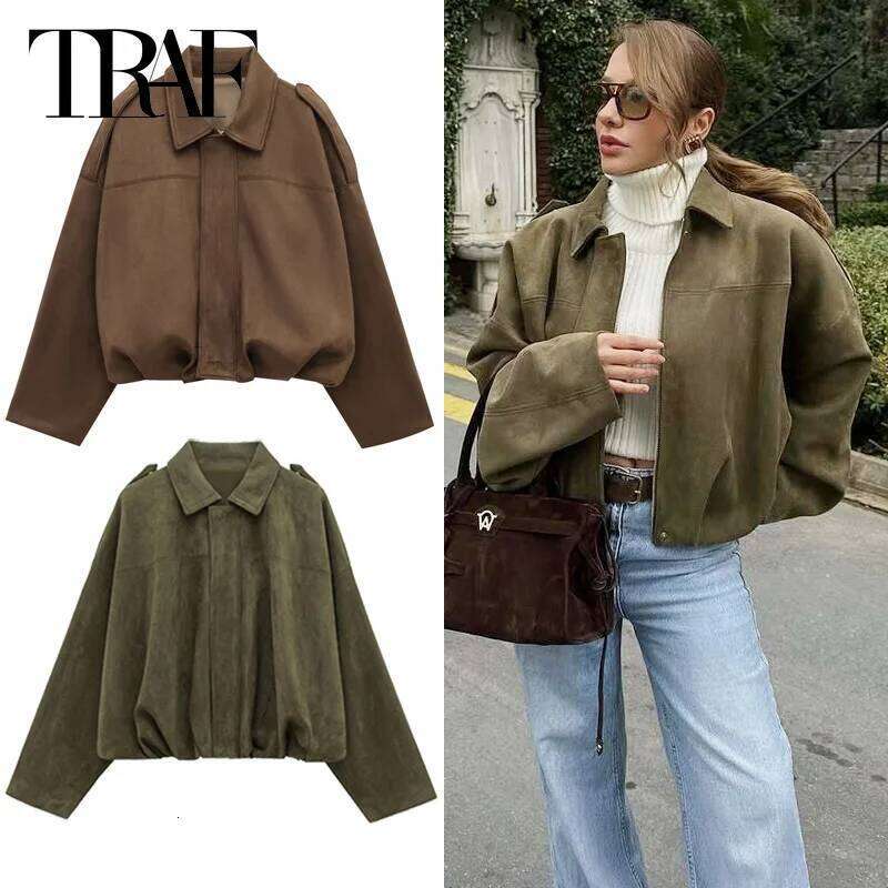 TRAF Cropped Oversize Outerwears Women's Jacket Spring Suede Bomber New In & Jackets Khaki Green Long Sleeve Coats