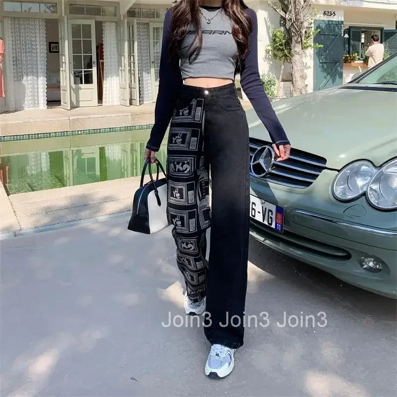 Womens Jeans Straight Leg High Waist Shot With Pockets Print Graphic Pants For Woman Pattern Trousers Black Trend Unique Xxl A