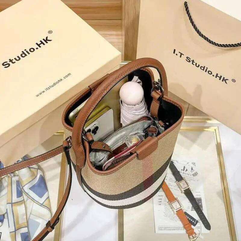 Canvas Genuine Leather Women Fashion Barrel Bucket One Shoulder Crossbody Bags Female Purses And Handbags Ladies Bag